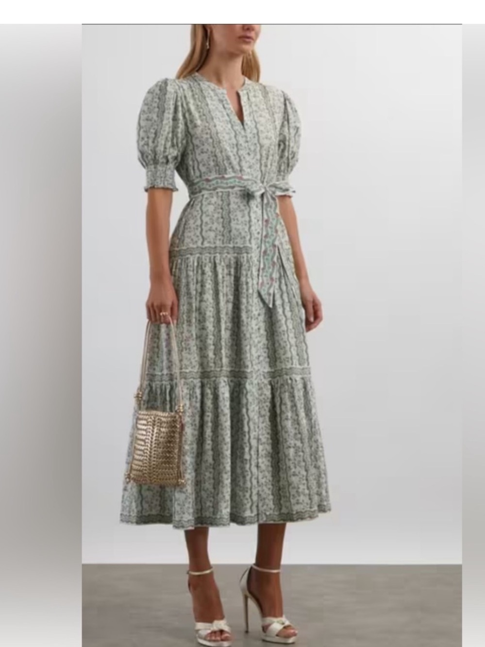 Hill House Sage Green Floral Tiered Midi Dress